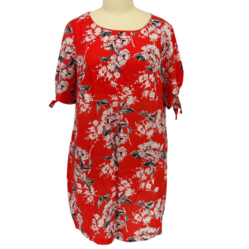 Adrianna Papell Shift Dress Red Floral Linen Blend Tie Sleeve 24W